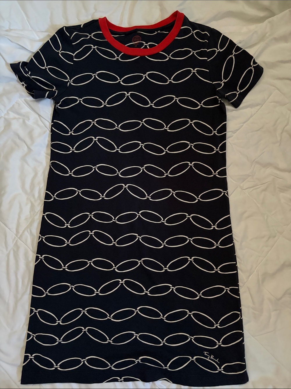 Tory Burch Michaela Dress Navy Chain-Print Short Sleeve 100% Cotton Crew Neck